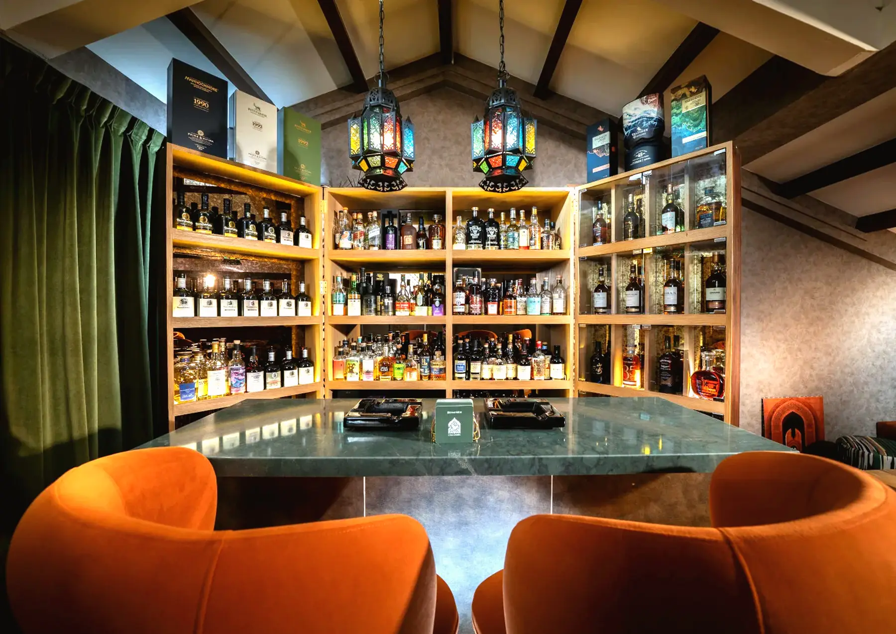 The lantern-lit whisky wall